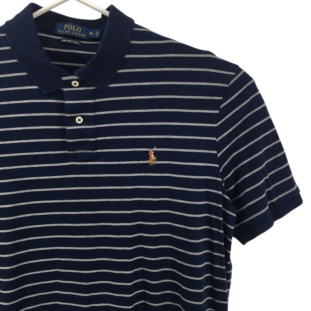 Polo Ralph Lauren Polo Shirt Mens XL Navy Gray Striped‎ Pima Soft Touch Cotton